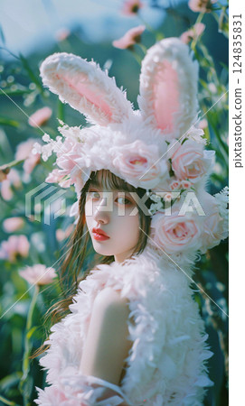 Cute portrait of a young Asian woman in a rabbit costume 124835831