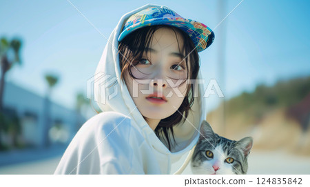 一位亞洲女性與一隻貓的輕鬆肖像 一位亞洲女性與一隻貓的輕鬆肖像 124835842