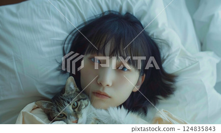 一位亞洲女性與一隻貓的輕鬆肖像 一位亞洲女性與一隻貓的輕鬆肖像 124835843