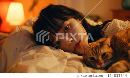 一位亞洲女性與一隻貓的輕鬆肖像 一位亞洲女性與一隻貓的輕鬆肖像 124835844