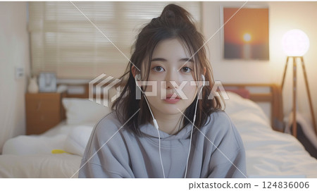 Portrait of a young Asian woman wearing earphones in a relaxed setting 124836006