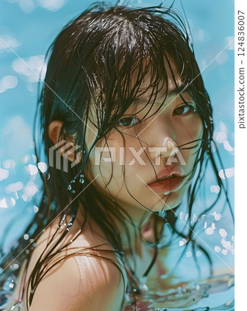 Asian woman with wet hair and beautiful eyes floating in water 124836007