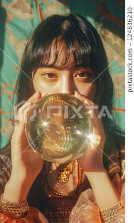 Mysterious Asian woman holding a glowing crystal ball 124836210