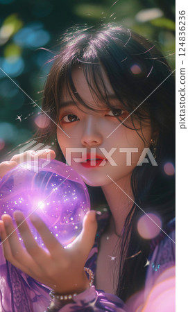 Mysterious Asian woman holding a glowing crystal ball 124836236