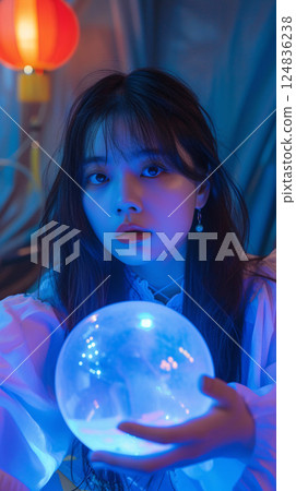 Mysterious Asian woman holding a glowing crystal ball Mysterious Asian woman holding a glowing crystal ball 124836238