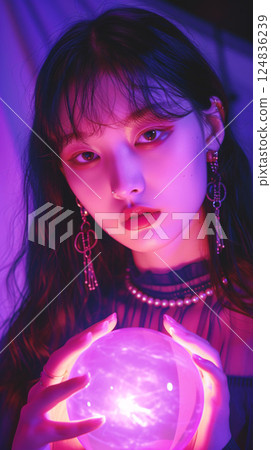 Mysterious Asian woman holding a glowing crystal ball 124836239