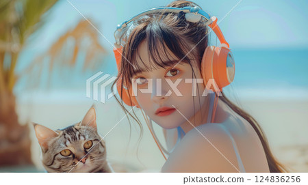 Asian woman with headphones on the beach spending time with her cat 124836256