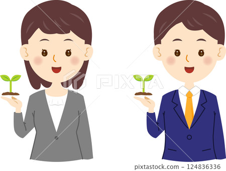 穿著西裝的男人和女人拿著豆芽 穿著西裝的男人和女人拿著豆芽 124836336