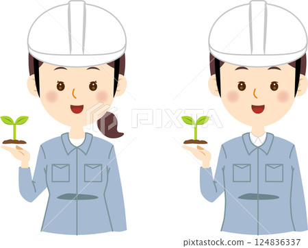 一名身穿工作服的男子和一名手持豆芽的女子 124836337