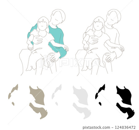 A simple hand-drawn line drawing of a father and daughter smiling as he holds his daughter on his lap. Transparent background. 124836472