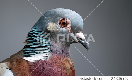 A pigeon with a blue and white head and a red eye 124836502