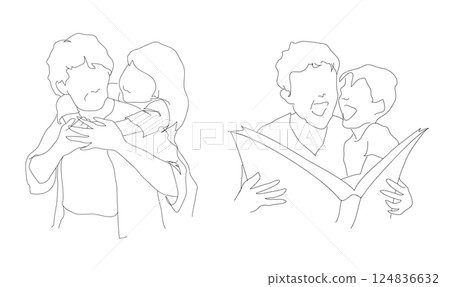 奶奶和孫子一起玩耍/閱讀手繪簡線插圖插畫素材集背景透明 124836632