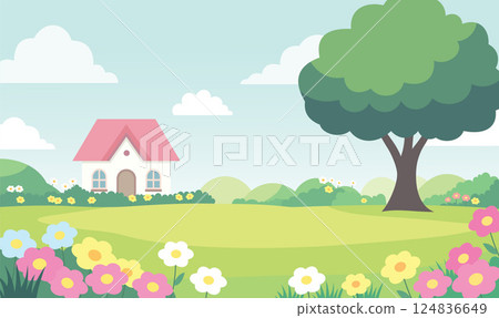 Beautiful Home House Building with Colorful Flowers Floral Garden Park Yard Landscape in Summer 124836649
