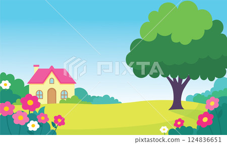 Beautiful Home House Building with Colorful Flowers Floral Garden Park Yard Landscape in Summer 124836651
