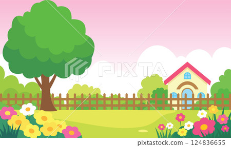 Beautiful Home House Building with Colorful Flowers Floral Garden Park Yard Landscape in Summer 124836655