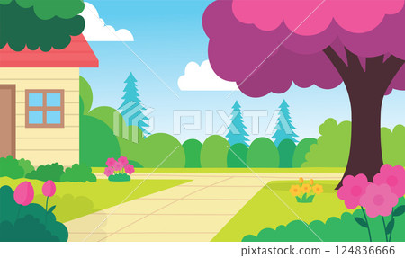 Beautiful Home House Building with Colorful Flowers Floral Garden Park Yard Landscape in Summer 124836666