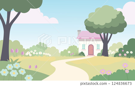 Home House Building with Flowers Floral Garden Park Yard Nature Landscape in Summer 124836673