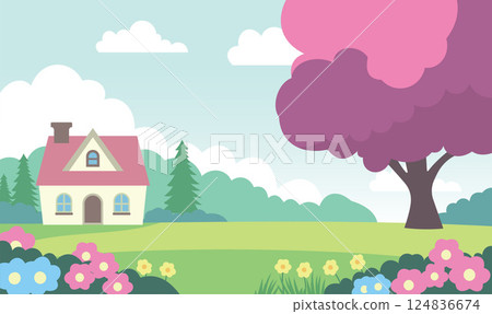 Beautiful Home House Building with Colorful Flowers Floral Garden Park Yard Landscape in Summer 124836674