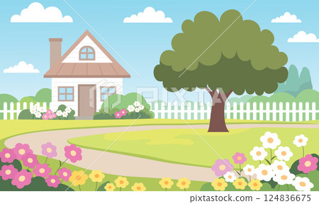 Beautiful Home House Building with Colorful Flowers Floral Garden Park Yard Landscape in Summer 124836675