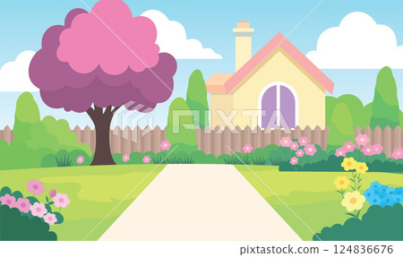 Beautiful Home House Building with Colorful Flowers Floral Garden Park Yard Landscape in Summer Beautiful Home House Building with Colorful Flowers Floral Garden Park Yard Landscape in Summer 124836676