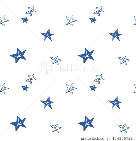 Seamless pattern with hand-drawn blue starfish on white background. Nautical marine repeat design in minimalist line art style.  124836721