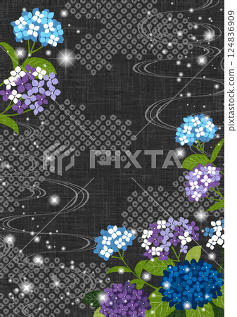 Hydrangea, rainy season, Japanese style, pique pattern, background, illustration, cute, vertical, black 124836909