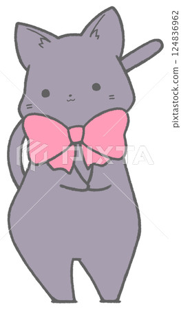 脖子上繫著紅色絲帶的黑貓 124836962