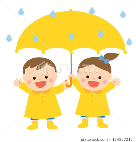 雨、雨傘和穿雨衣的兒童 124837213