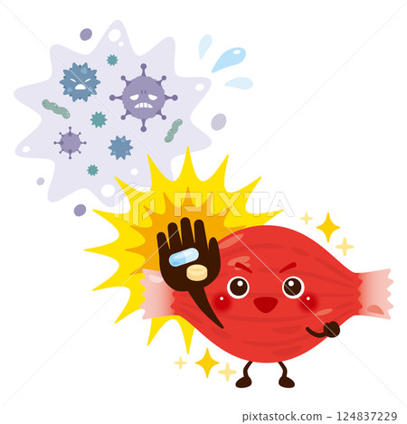Illustration of a muscular character who recovers after treating a virus with medicine Illustration of a muscular character who recovers after treating a virus with medicine 124837229