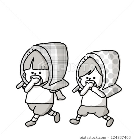 一幅單色插圖描繪了參加疏散演習的孩子們戴著防災頭巾，手上拿著手帕 124837403