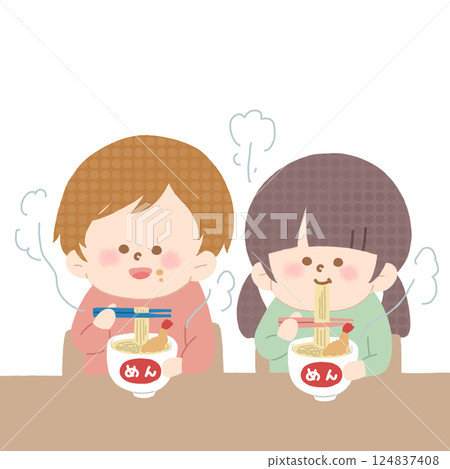 兒童用筷子吃熱麵的無線插畫 124837408