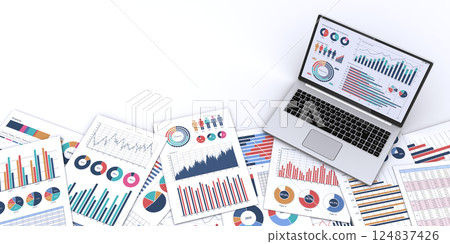 Laptop displaying business documents and data, image of data analysis and consideration 124837426