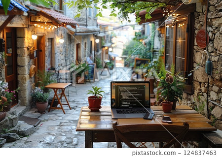 Freelancer's working place in a sidewalk cafe. A cozy sidewalk cafe serves as the perfect workspace for a freelancer, blending productivity with the charm of outdoor ambiance. Freelancer's working place in a sidewalk cafe. A cozy sidewalk cafe serves as the perfect workspace for a freelancer, blending productivity with the charm of outdoor ambiance. 124837463