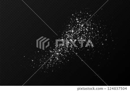White sparkling stars, shiny particles light effect, transparent flying stardust texture 124837504