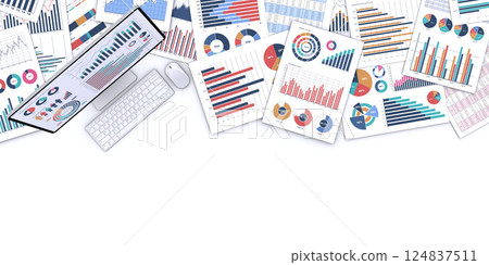 桌上型電腦顯示業務文件和數據、數據分析和審查的圖像 124837511
