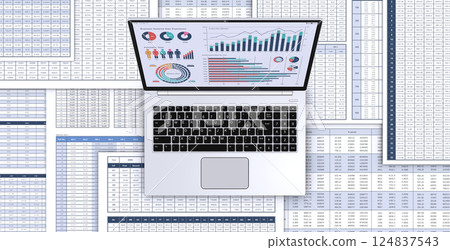 Laptop displaying business documents and data, image of data analysis and consideration 124837543
