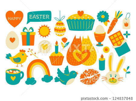 Colorful cute set of Easter stickers and illustrations in flat style. Set of spring elements and Easter attributes, Easter, spring, rabbit, chicken, egg, gift, basket. Stickers for printing and decor. Colorful cute set of Easter stickers and illustrations in flat style. Set of spring elements and Easter attributes, Easter, spring, rabbit, chicken, egg, gift, basket. Stickers for printing and decor. 124837848