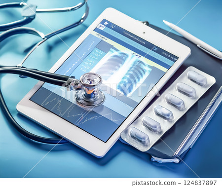Medical image materials: stethoscope, tablet, medicine 124837897