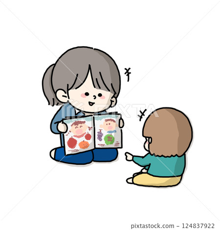A color version of an illustration of an adult reading a picture book to a child 124837922