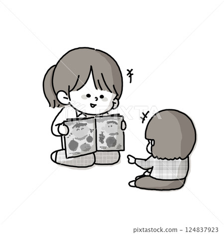 A monochrome version of an illustration of an adult reading a picture book to a child 124837923
