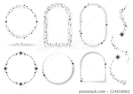 Magic frame with stars with ornament. Vector celestial border elements. Round and arch decorative vintage elements. Abstract cosmic shapes with glowing sparkles. Magic frame with stars with ornament. Vector celestial border elements. Round and arch decorative vintage elements. Abstract cosmic shapes with glowing sparkles. 124838062