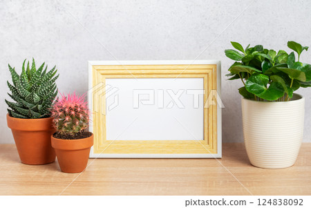 Decorative plants and empty frame on wooden shelf 124838092
