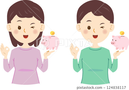 Pig piggy bank, winking man and woman, OK Pig piggy bank, winking man and woman, OK 124838117