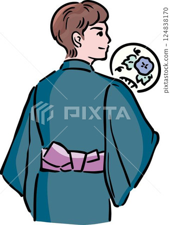 Summer, men, yukata, kimono, festival, fireworks display, person, hand-drawn, Japanese style, character, design, illustration material 124838170