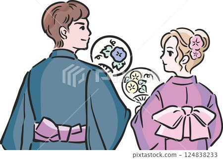 Summer yukata kimono fireworks festival men women couples date hand-drawn Japanese style fashion illustration material 124838233