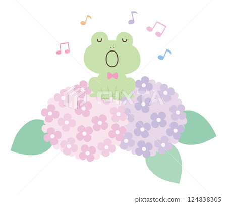 Vector illustration of hydrangea and singing cute frogs. Frog chorus, rainy season 124838305