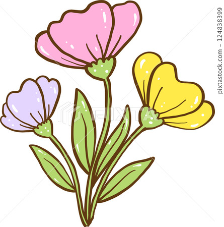 Cute pastel flowers tulips with stem and leaves Cartoon Hand Drawn Cute pastel flowers tulips with stem and leaves Cartoon Hand Drawn 124838399