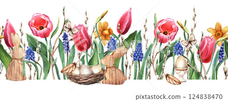 Seamless border made of pussy willow branches, tulips, daffodils, narcissi, grape hyacinth, muscari, wooden bunny, nest with eggs, butterflies, and feathers. Hand drawn watercolor illustration. Seamless border made of pussy willow branches, tulips, daffodils, narcissi, grape hyacinth, muscari, wooden bunny, nest with eggs, butterflies, and feathers. Hand drawn watercolor illustration. 124838470