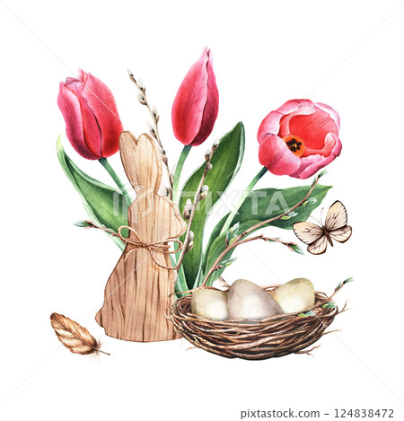 Happy Easter, spring composition with wooden bunny decoration, nest with eggs, tulips, pussy willow branches, butterfly, and feather. Watercolor illustration isolated on white. For clip art cards Happy Easter, spring composition with wooden bunny decoration, nest with eggs, tulips, pussy willow branches, butterfly, and feather. Watercolor illustration isolated on white. For clip art cards 124838472
