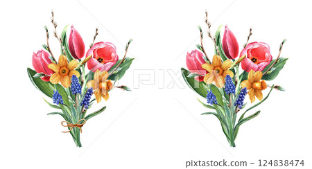 Bouquets of spring flowers. With twine bow tie. Tulips, daffodils, grape hyacinth, Muscari, pussy willow branches. Hand drawn watercolor illustration isolated on white. For clip art cards Bouquets of spring flowers. With twine bow tie. Tulips, daffodils, grape hyacinth, Muscari, pussy willow branches. Hand drawn watercolor illustration isolated on white. For clip art cards 124838474